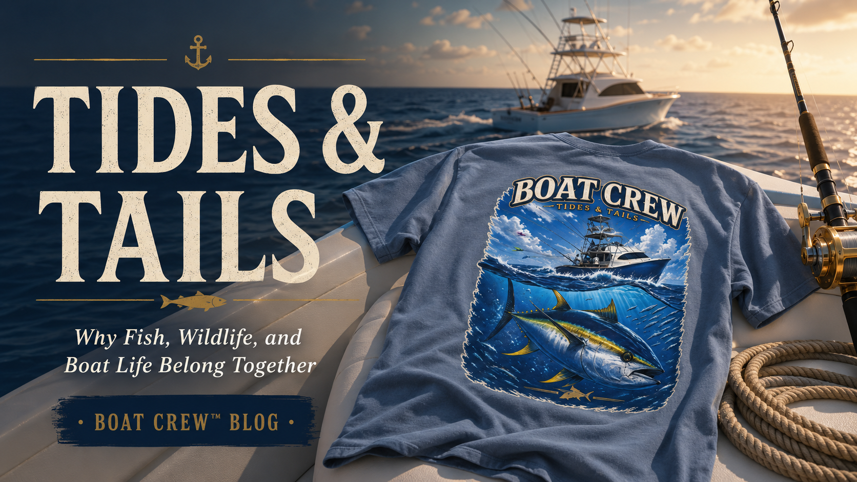 Yellowfin Tuna Boat Crew Tides & Tails shirt on a sportfishing boat with fishing rod, dock line, open ocean, and blog title
