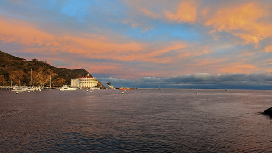 A scenic view of Catalina Island with boats anchored in Avalon Bay, representing Boat Crew Co.’s Catalina Island Tee inspired by island life and nautical heritage.