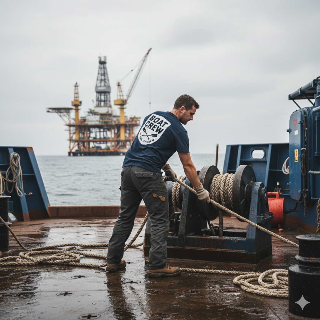 Person on a boat with an oil rig in the background wearing a Boat Crew Co logo t-shirt